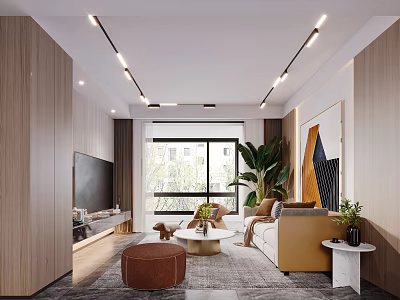 Modern Living Room Interior Design With Wooden Walls Large Windows Green Plants And Sofa 3d model