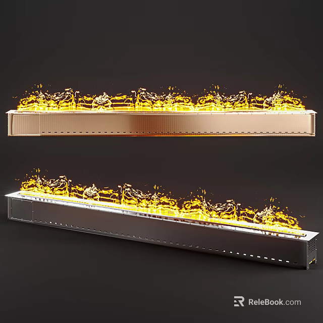 Two Tone Copper And Silver Linear Fireplaces With Realistic Flames Design 3d model 