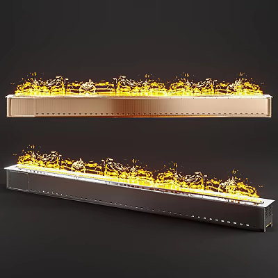 Two Tone Copper And Silver Linear Fireplaces With Realistic Flames Design 3d model