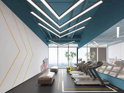 Modern Fitness Gym Interior With Treadmills Sofas And Natural Light 3d model