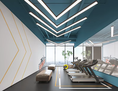 Modern Fitness Gym Interior With Treadmills Sofas And Natural Light 3d model