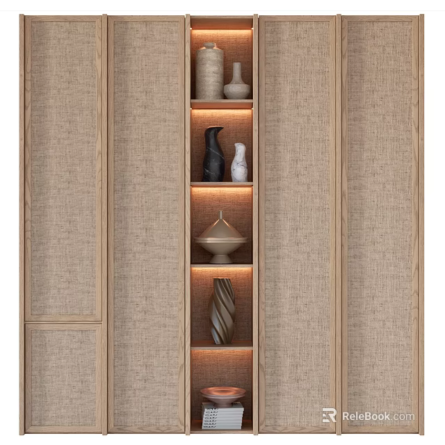 Modern Wooden Bookshelf Interior With Decorative Vases Sculptures And Shelf Lighting 3d model 