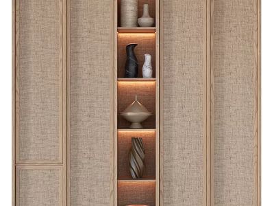 Modern Wooden Bookshelf Interior With Decorative Vases Sculptures And Shelf Lighting 3d model