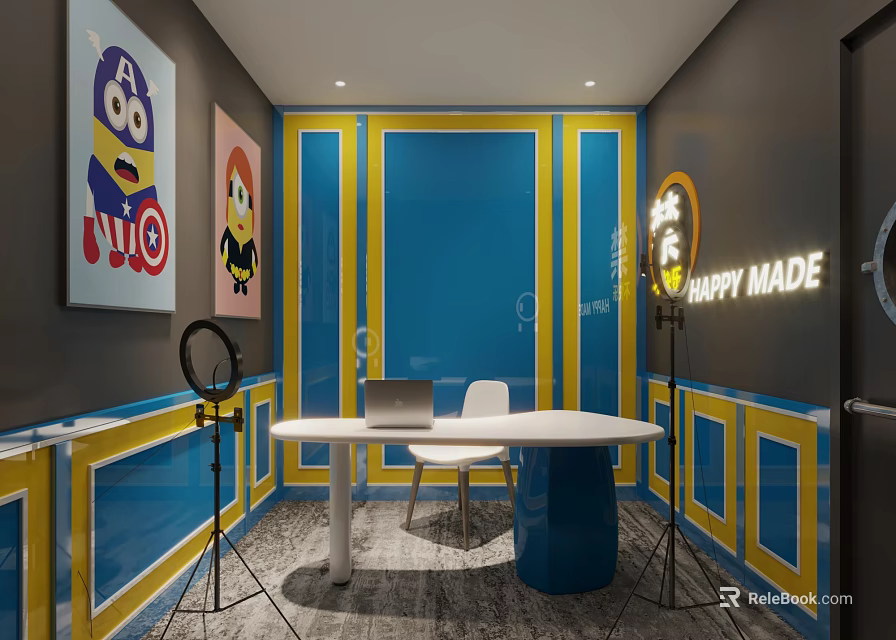 Public Office Space Featuring Blue Yellow Walls White Round Table Laptop Cartoon Posters Neon Sign 3d model 