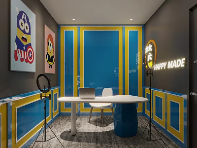 Public Office Space Featuring Blue Yellow Walls White Round Table Laptop Cartoon Posters Neon Sign 3d model