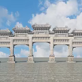 Traditional Chinese Stone Archway With Carved Roof Details And Blue Sky Clouds