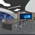 Modern Conference Room Interior With Long Table Gray Chairs Blue Skyline Wall And Large Screen