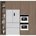 Modern Wooden Kitchen Cabinets With Open Shelves Refrigerator And Built in Ovens