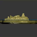 Yellow Island Model With Blue Wavy Base Mountains And Buildings