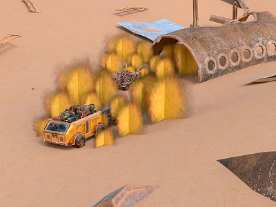 Desert Themed Sculpture Featuring Truck Flames And Airplane Wreckage Elements 3d model
