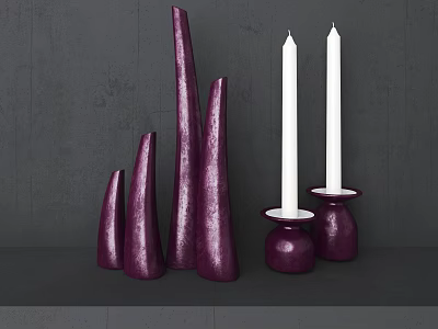 Purple Candle Holders With Conical Design Various Heights And White Candles On Gray Background 3d model