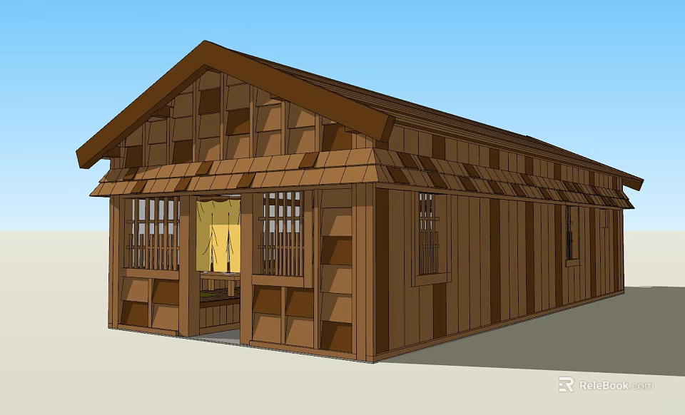 Traditional Wooden House Exterior With Sloped Roof And Timber Panel Walls 3d model 