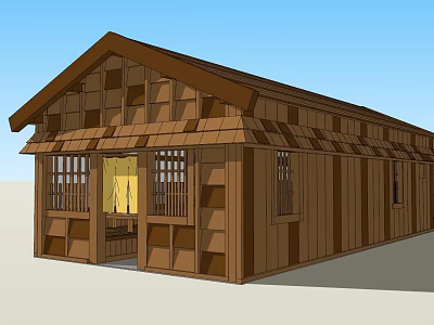 Traditional Wooden House Exterior With Sloped Roof And Timber Panel Walls 3d model