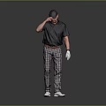 Golf Man Wearing Black Shirt Plaid Pants White Gloves And Cap Touching Head