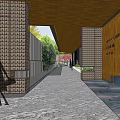 Modern Entrance Gate With Wooden Structure Glass Panels And Garden Landscape View