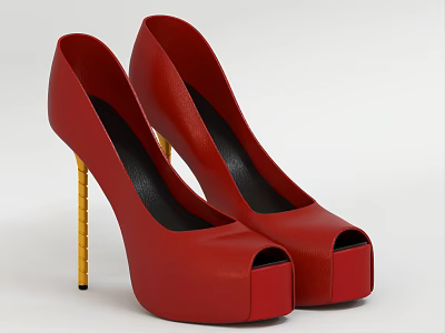 Red Open Toe High Heels With Golden Stiletto Heels And Leather Upper Design 3d model
