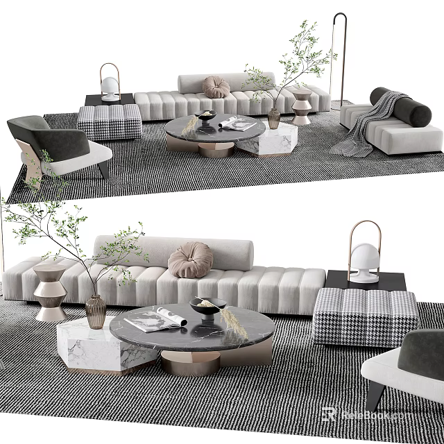 Light Gray Modern Sofa Coffee Table Set With Plush Pillows And Decorative Plants 3d model