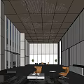 Modern Lobby Reception Area With Black Front Desk Large Windows And Wooden Perforated Ceiling