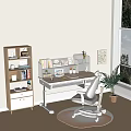 Modern Home Office Desk And Ergonomic Chair Setup With Bookshelf Plant Lamp And Laptop