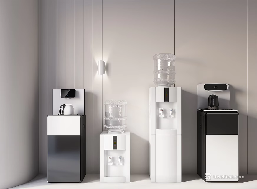 Water Dispensers With Different Designs And Colors Placed Against Light Wall With Vertical Line Decor 3d model 