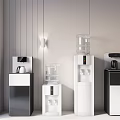 Water Dispensers With Different Designs And Colors Placed Against Light Wall With Vertical Line Decor