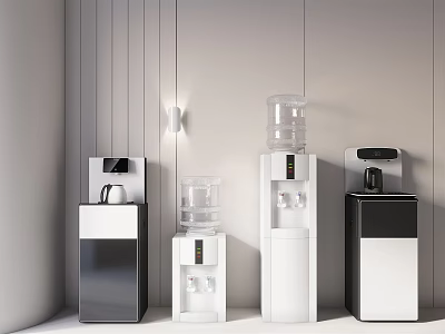Water Dispensers With Different Designs And Colors Placed Against Light Wall With Vertical Line Decor 3d model
