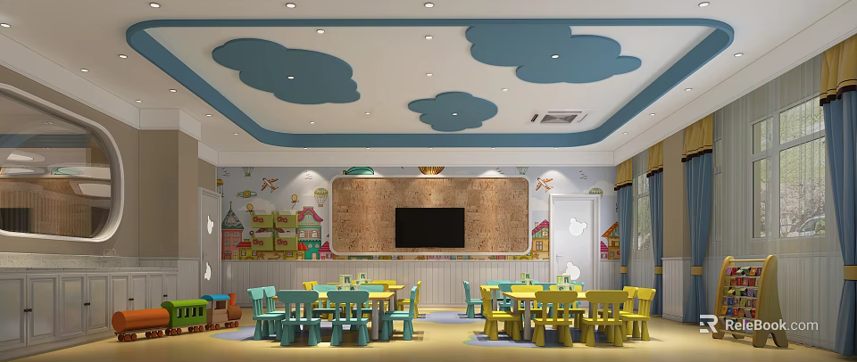 Cheerful Kindergarten Classroom With Cloud Ceiling Cartoon Houses Airplane Decor And Colorful Furniture 3d model 