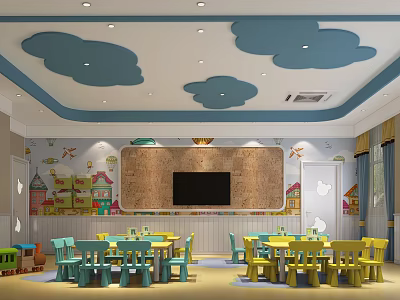 Cheerful Kindergarten Classroom With Cloud Ceiling Cartoon Houses Airplane Decor And Colorful Furniture 3d model