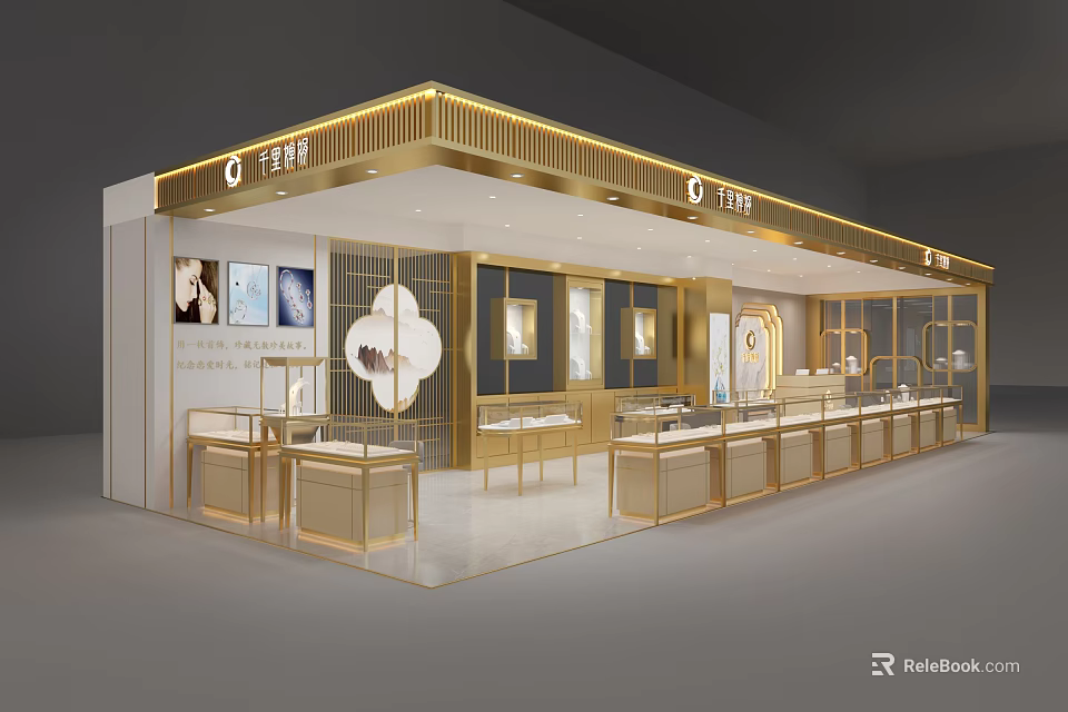 Luxurious Jewelry Store Interior With Golden Display Cases And Modern Lighting 3d model 