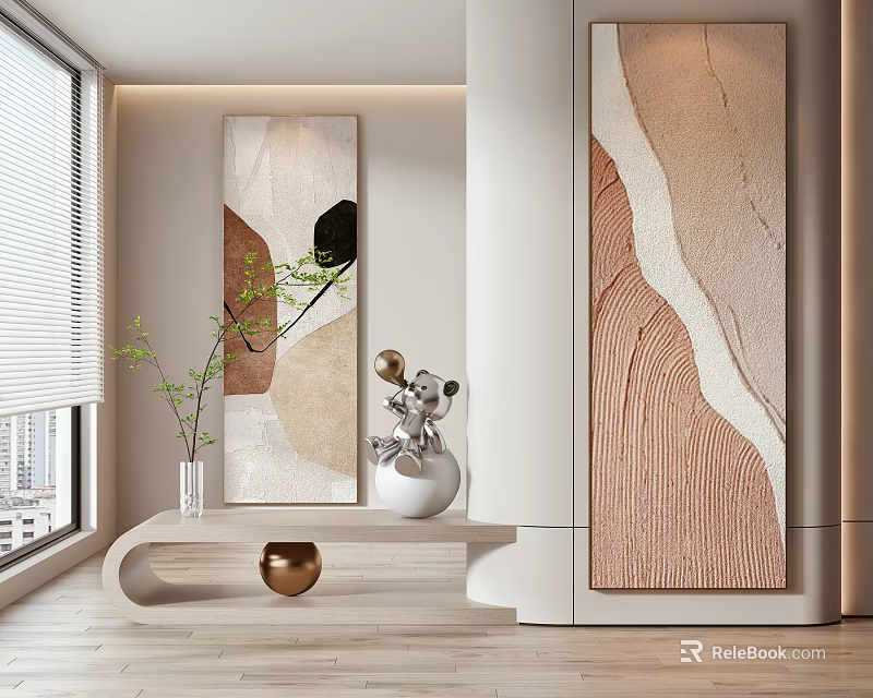 Vertical Abstract Paintings with Beige Brown White Black Geometric Shapes in Modern Minimalist Interior Design 3d model 