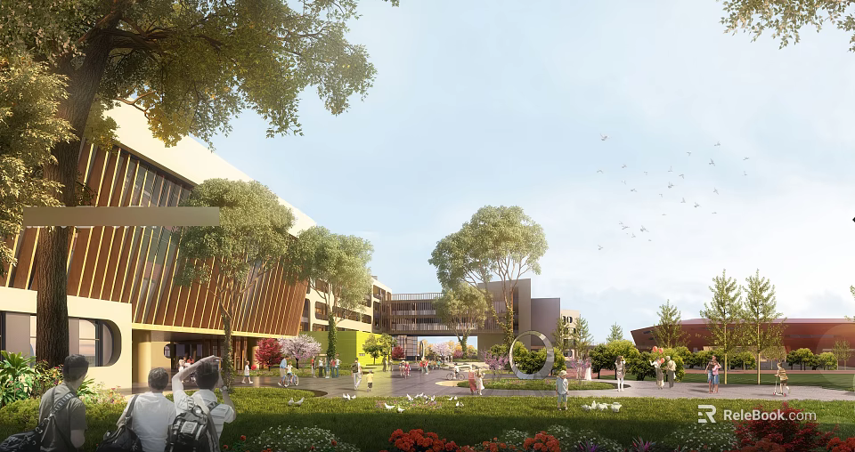Modern School Building Architecture With Green Lawn Trees And Active Campus Students 3d model