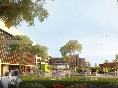 Modern School Building Architecture With Green Lawn Trees And Active Campus Students 3d model