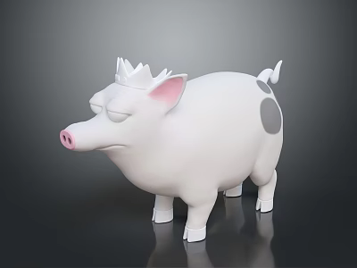 Cute 3D Cartoon Pig Figurine With White Body Gray Spots Pink Ears And Small Crown 3d model