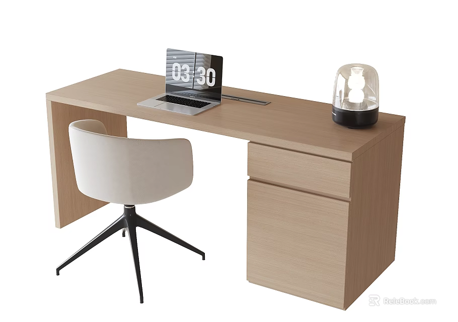 Modern Wooden Desk and Beige Chair Set with Black Metal Legs Laptop and Lamp 3d model 