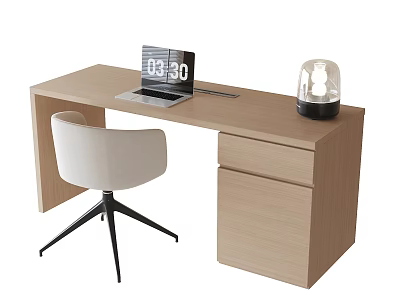 Modern Wooden Desk and Beige Chair Set with Black Metal Legs Laptop and Lamp 3d model