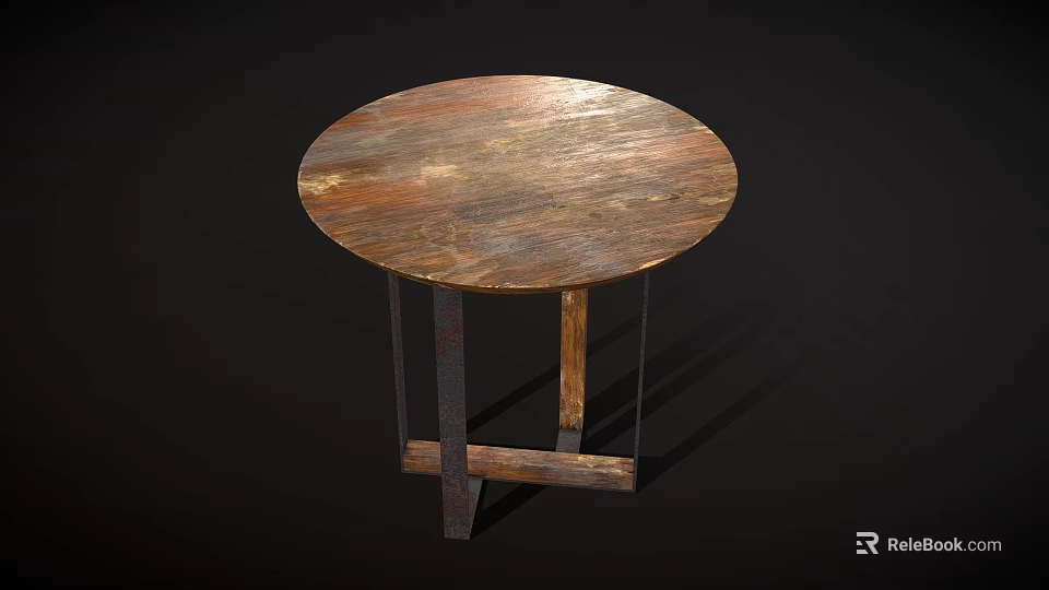 Round Wooden Table With Vintage Metal Legs And Rustic Surface Design 3d model 