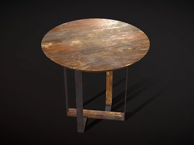 Round Wooden Table With Vintage Metal Legs And Rustic Surface Design 3d model