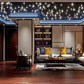 Home Theater Room With Starry Ceiling Large Screen And Chinese Decor