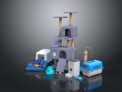 Multi Level Cat Furniture With Tree Platforms Litter Box And Interactive Toys 3d model