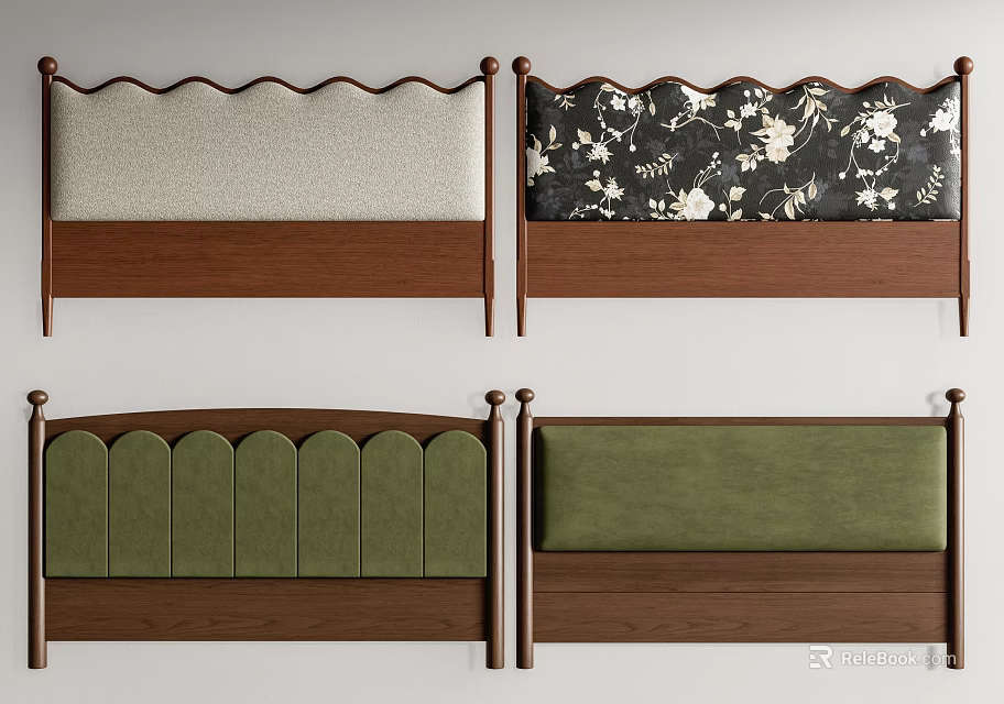 Stylish Double Bed Headboards Various Designs Wooden Frames Upholstered Light Gray Black Floral Green 3d model 