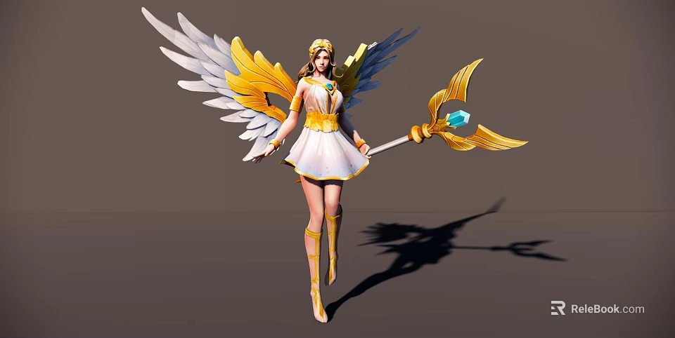 Game Movie Character With Golden White Wings And Blue Gem Staff In White Gold Outfit 3d model 