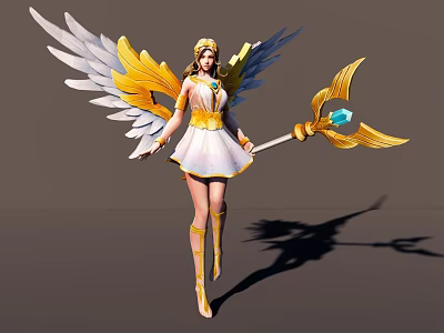 Game Movie Character With Golden White Wings And Blue Gem Staff In White Gold Outfit 3d model