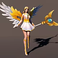 Game Movie Character With Golden White Wings And Blue Gem Staff In White Gold Outfit