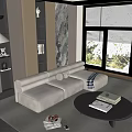 Modern Living Room Interior With Gray L Shaped Sofa Round Coffee Table And Large Windows