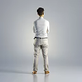 Man with arms crossed light blue shirt beige pants brown shoes black belt gray background 3d model