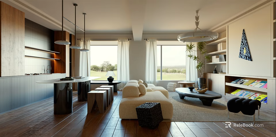 Modern Living Dining Room Interior With Sofa Coffee Table Pendant Lights And Windows 3d model