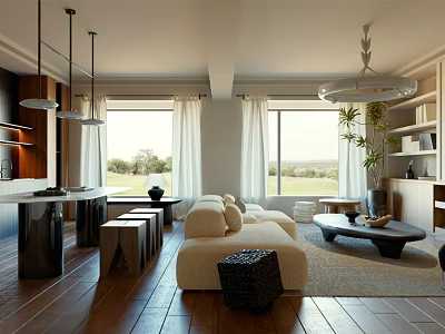 Modern Living Dining Room Interior With Sofa Coffee Table Pendant Lights And Windows 3d model