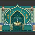 Arabian Style Decorative Scene With Green Wall Golden Arches Lanterns Blue Sofas And Colorful Carpet