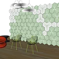 Stylish Leisure Chairs With Green White Hexagonal Pattern Wall Wooden Floor And Hanging Pendant Lights