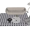 Modern Sofa and Coffee Table Set With Black White Checkered Rug Armchair and Floor Lamp